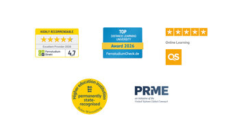 Awards and certificates for a distance university, including 'Most Popular Distance University 2025' and 'Climate Neutral Company'.